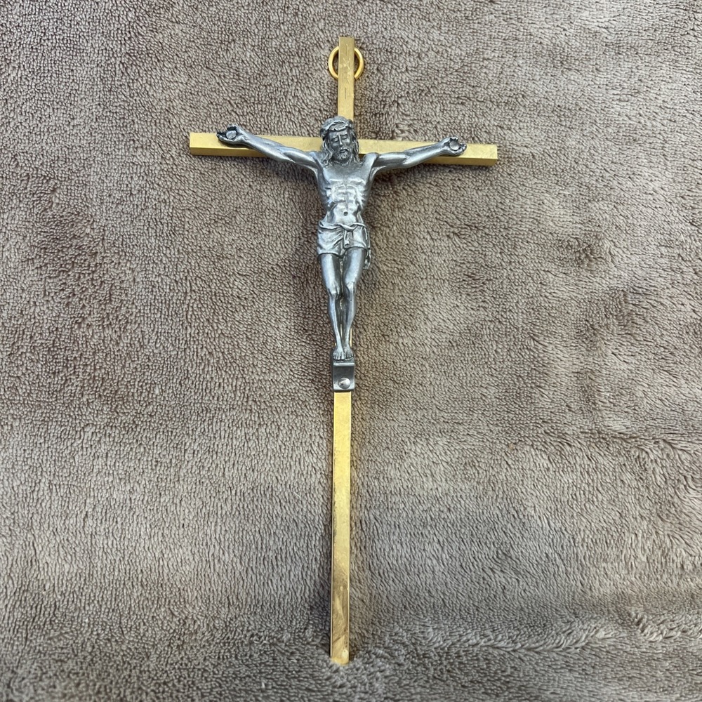 Vintage Brass & Silver Tone‎ Crucifix Jesus Wall Cross INRI 7 Inches